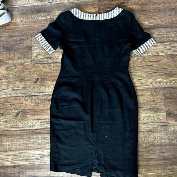Vintage Oleg Cassini Silk Black Fitted Dress Classic 80s Stripe Sleeve Size 8 - Picture 4 of 9